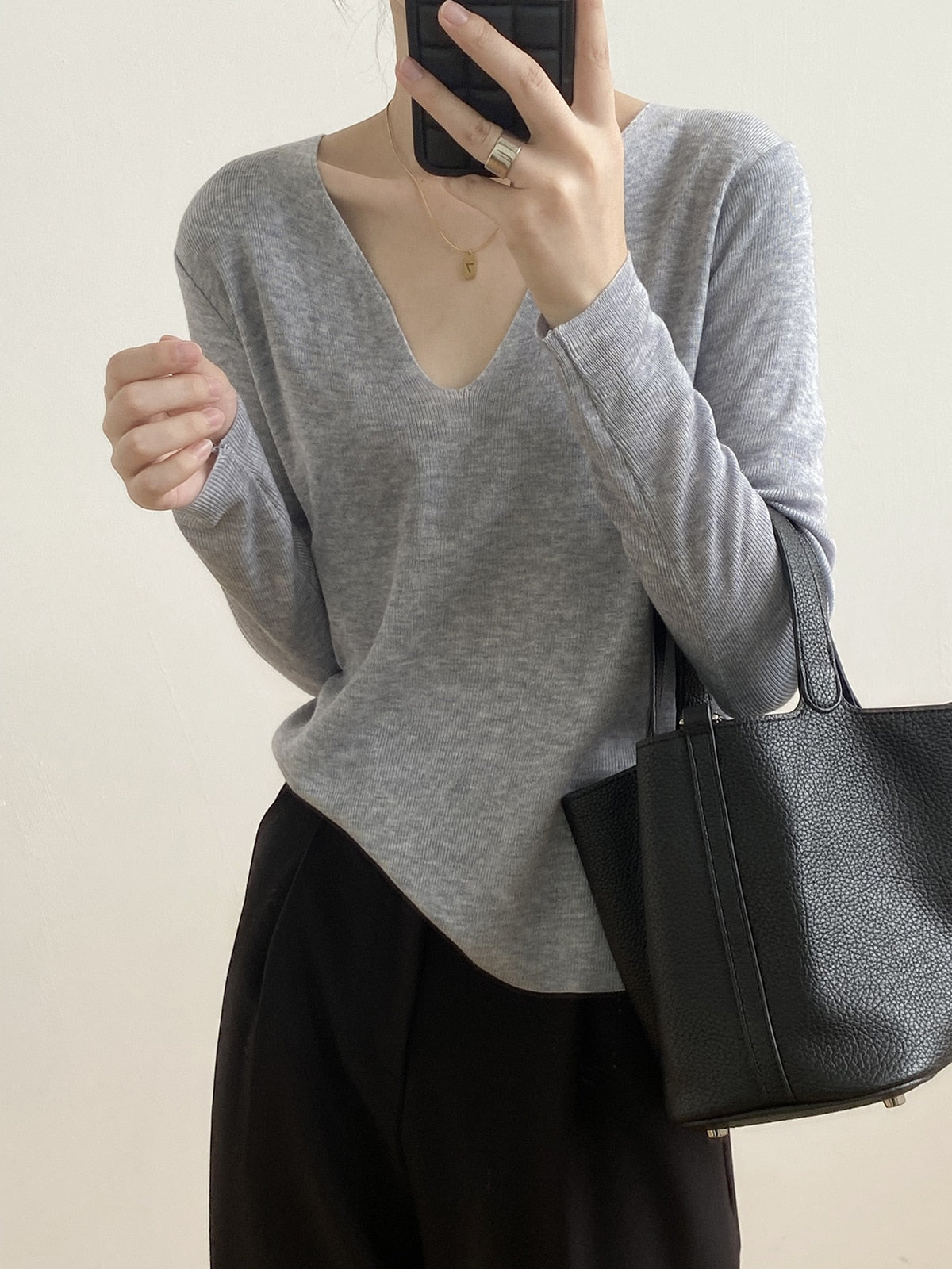 [Korean Style] Soft & Comfy Irregular Neckline Slim Fit Knit Top