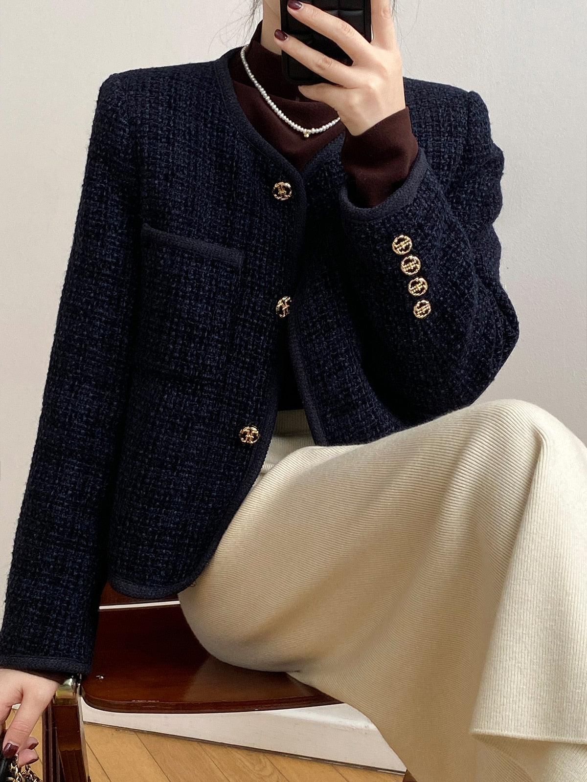 [Korean Style] Cotton Quilted Collarless Cropped Tweed Jacket