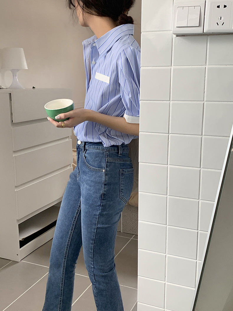 [Korean Style] High Waist Slim Fit Stretchy Slit Flare Jeans
