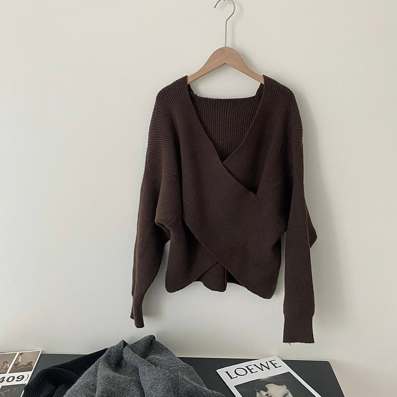 [Korean Style] V Neck Crisscross Sweater Knit Top