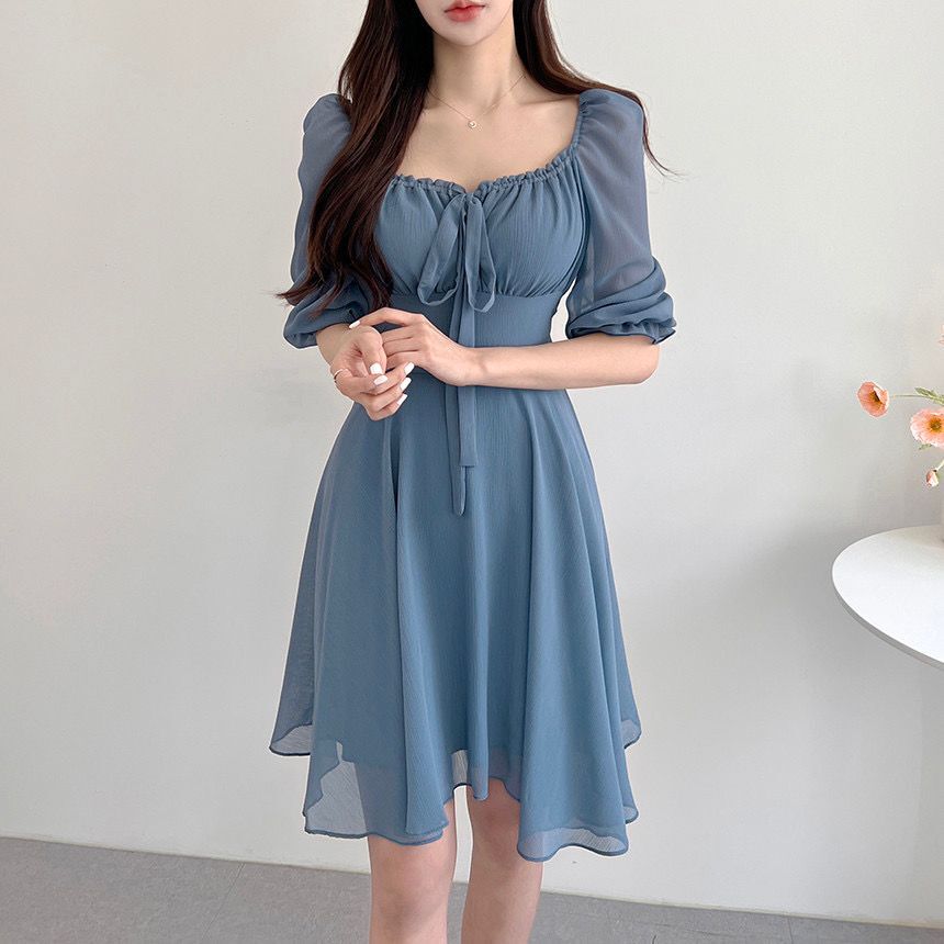 [Korean Style] Off-white Blue Flowy Chiffon Short Dress