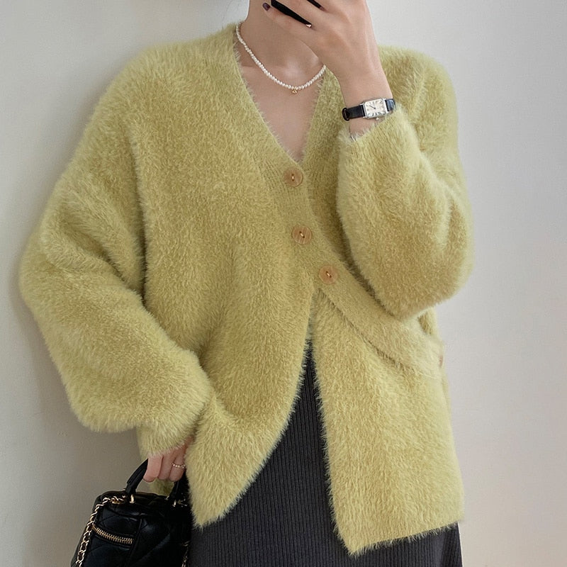 [Korean Style] 4 Color V neck Fluffy Button Cardigan