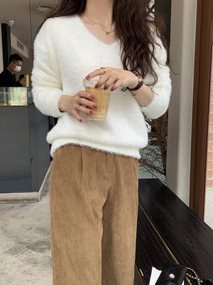 [Korean Style] Solid Color V-Neck Loose Fit Fluffy Pullover Sweater