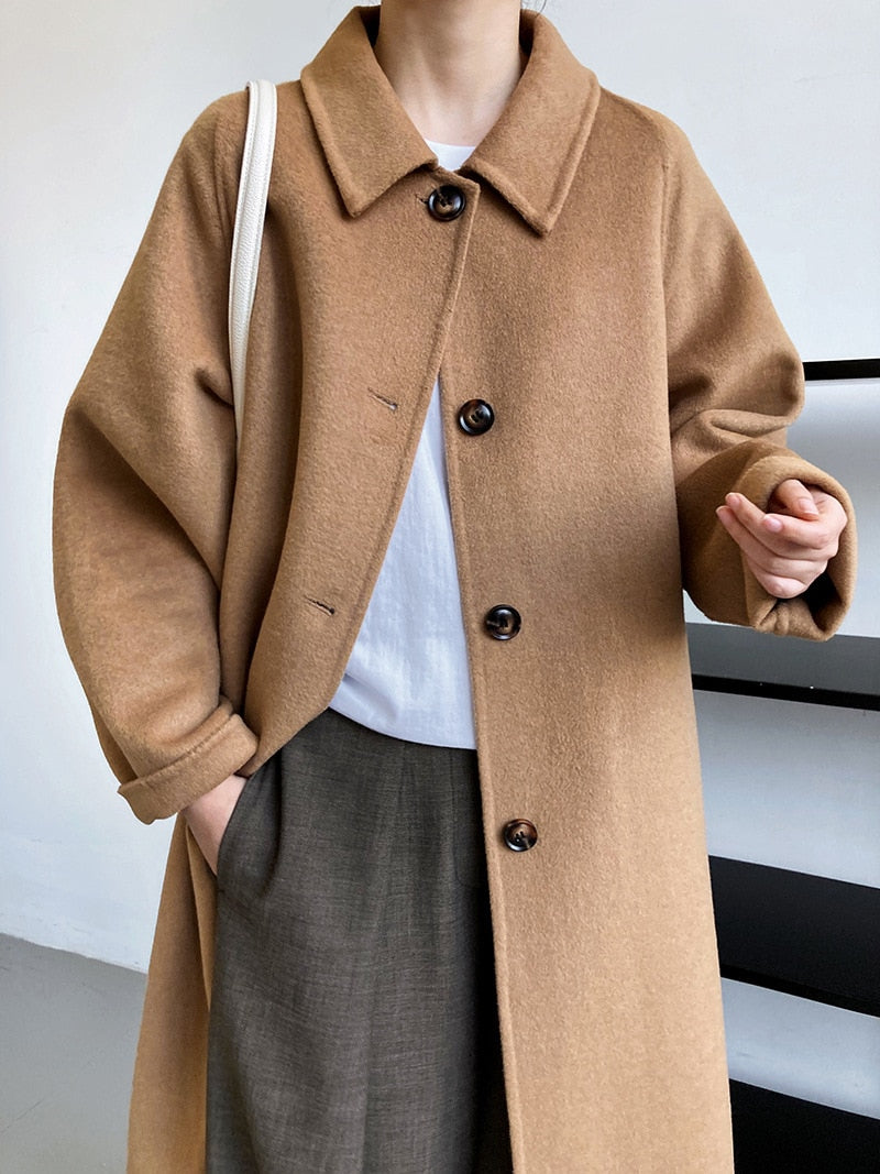 [Korean Style] 2 Color Cashmere Single Breasted A-line Woolen Coat No Lining