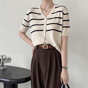 [Korean Style] V-Neck Striped Short Sleeve Knit Top Cardigan