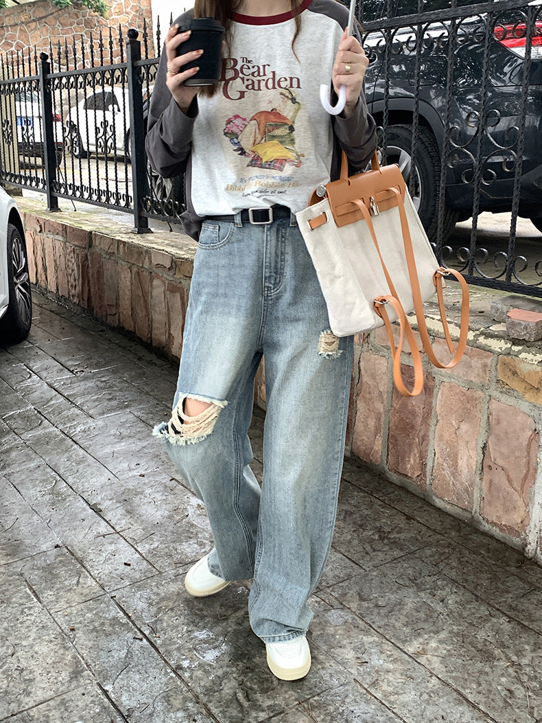 [Korean Style] High Rise Vintage Wash Wide Leg Ripped Jeans