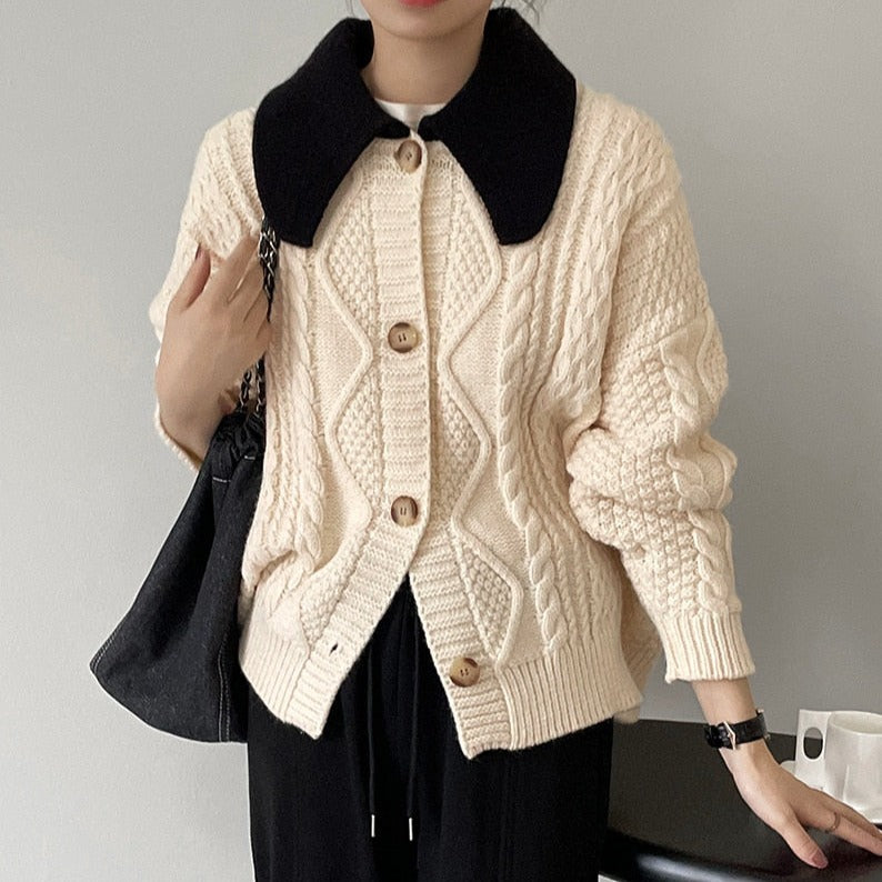 [Korean Style] Contrast Color Cable Knit Sweater Cardigan Jacket