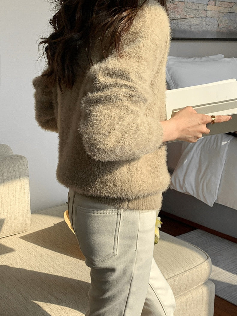 [Korean Style] Solid Color V-Neck Loose Fit Fluffy Pullover Sweater