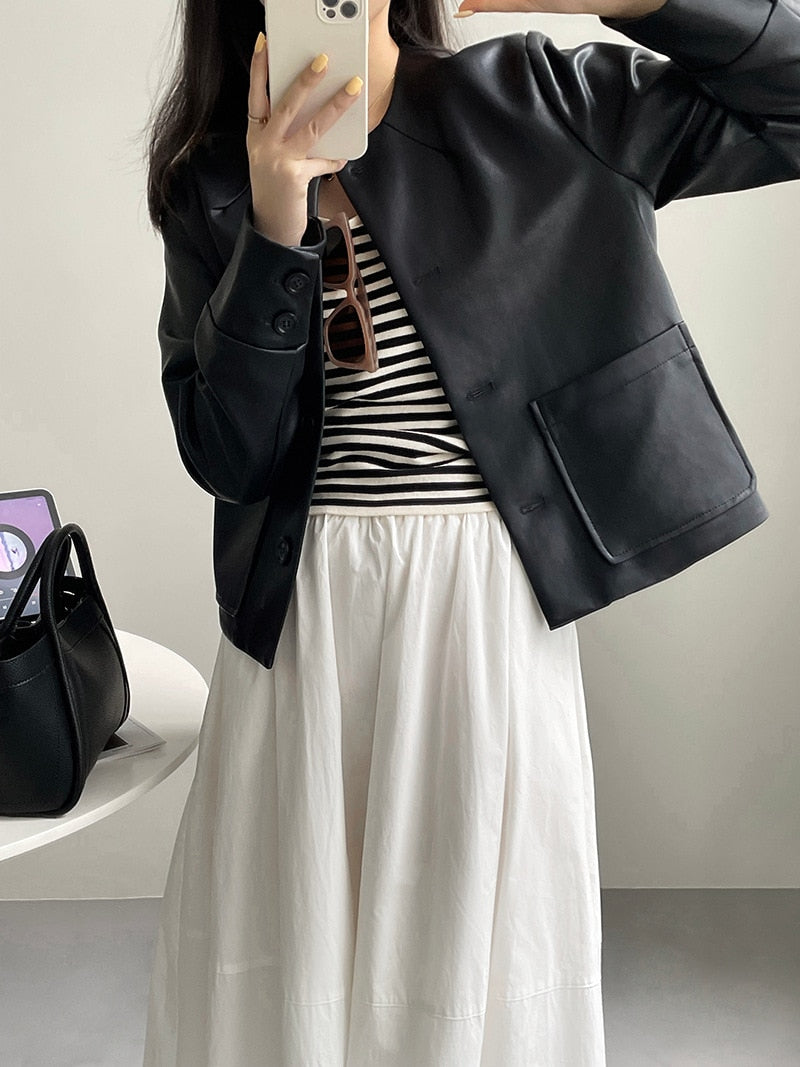 [Korean Style] High Quality Collarless Cropped Faux Leather Jacket
