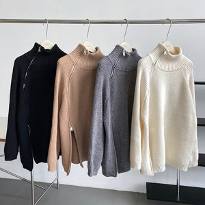 [Korean Style] Solid Color Zipper Turtleneck Chunky Sweater