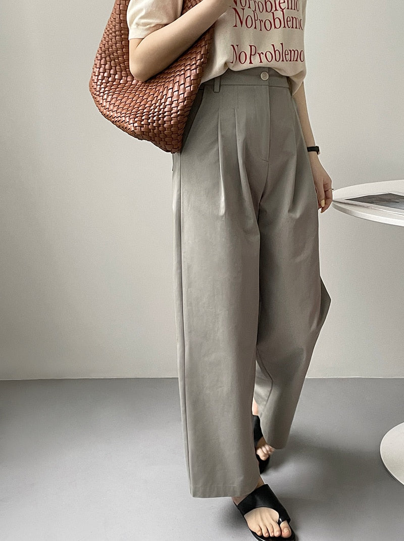 [Korean Style] Solid Color High Waist Pleated Cropped Pants