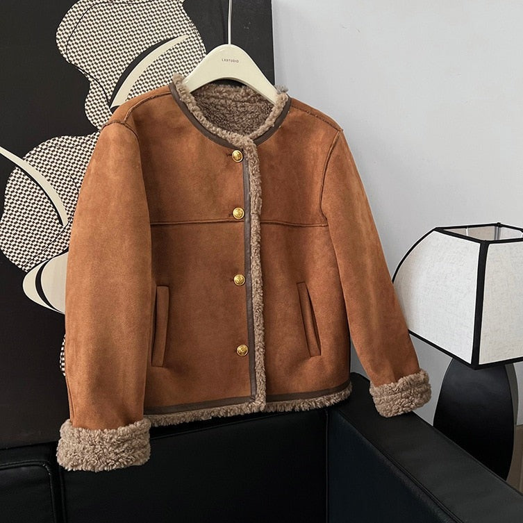 [Korean Style] Faux Lambskin Shearling Collarless Cropped Sherpa Jacket