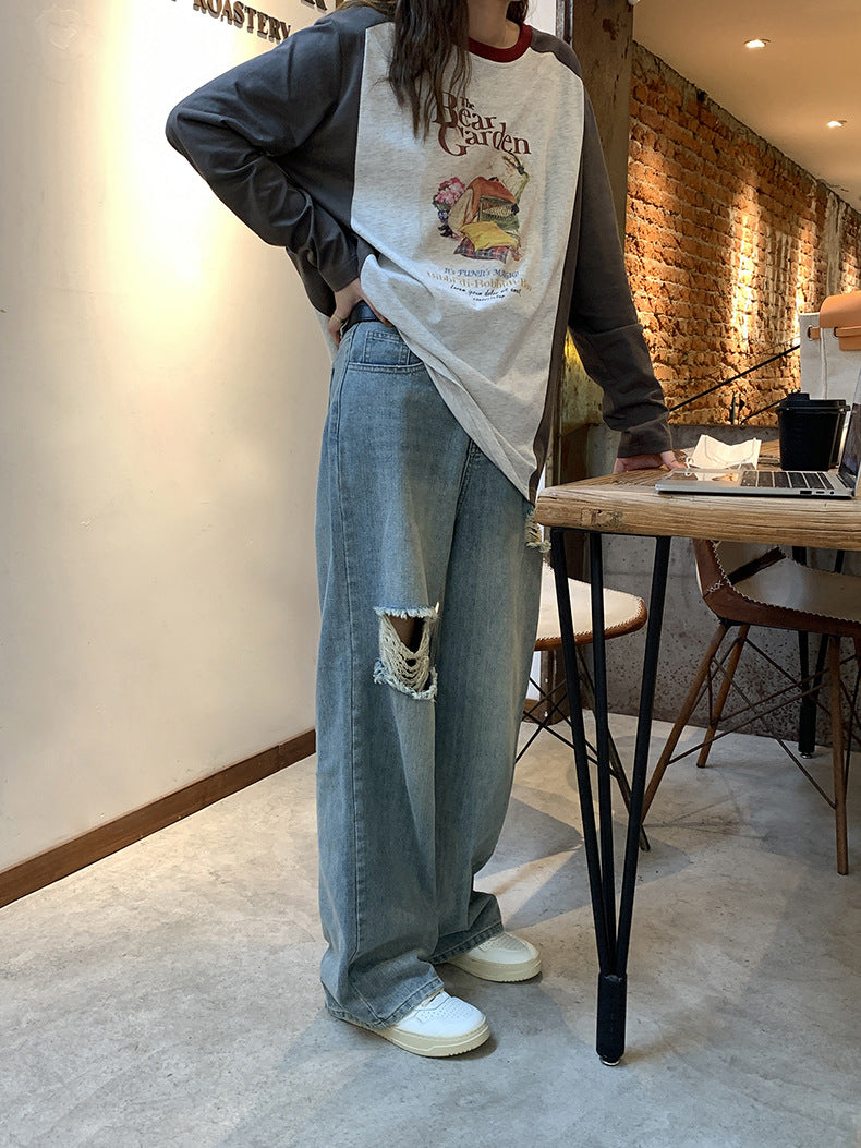 [Korean Style] High Rise Vintage Wash Wide Leg Ripped Jeans