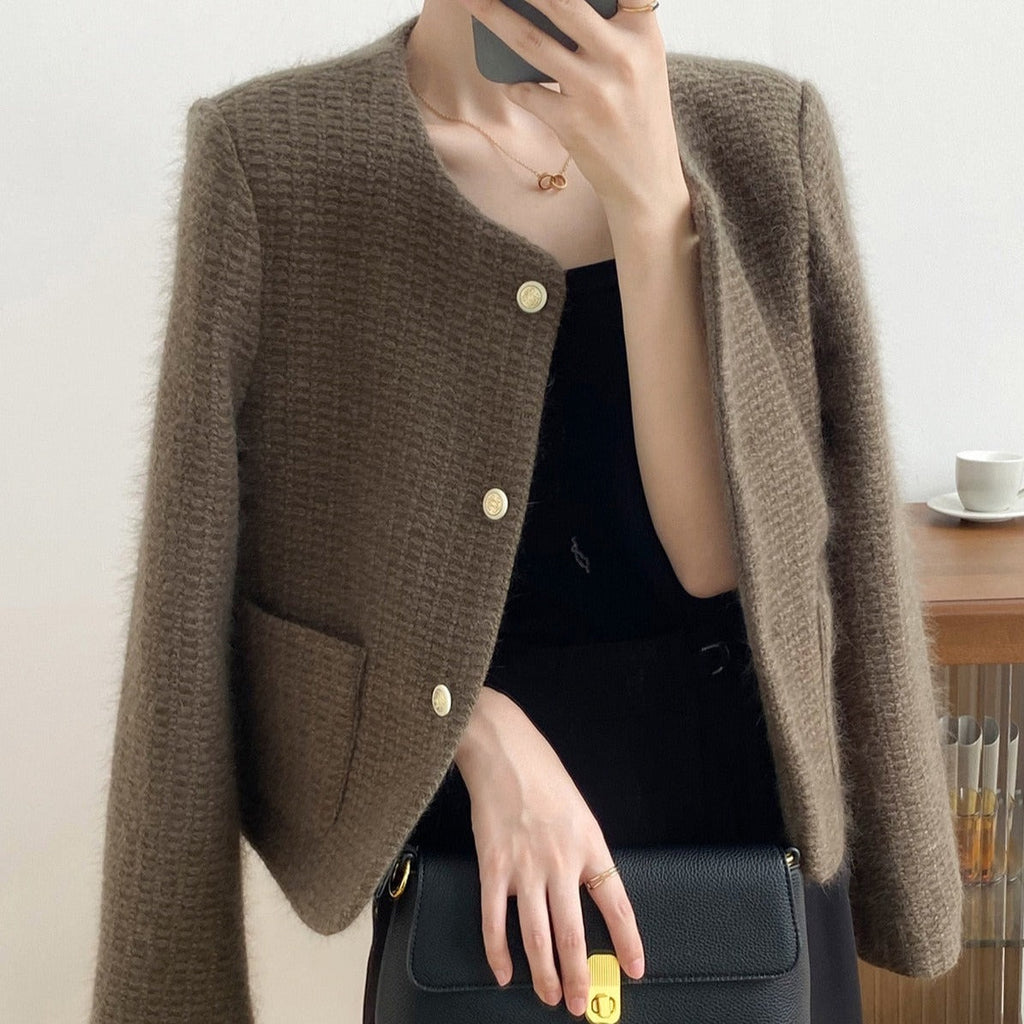 [Korean Style] High Quality Single Breasted Collarless Brushed Cropped Coat