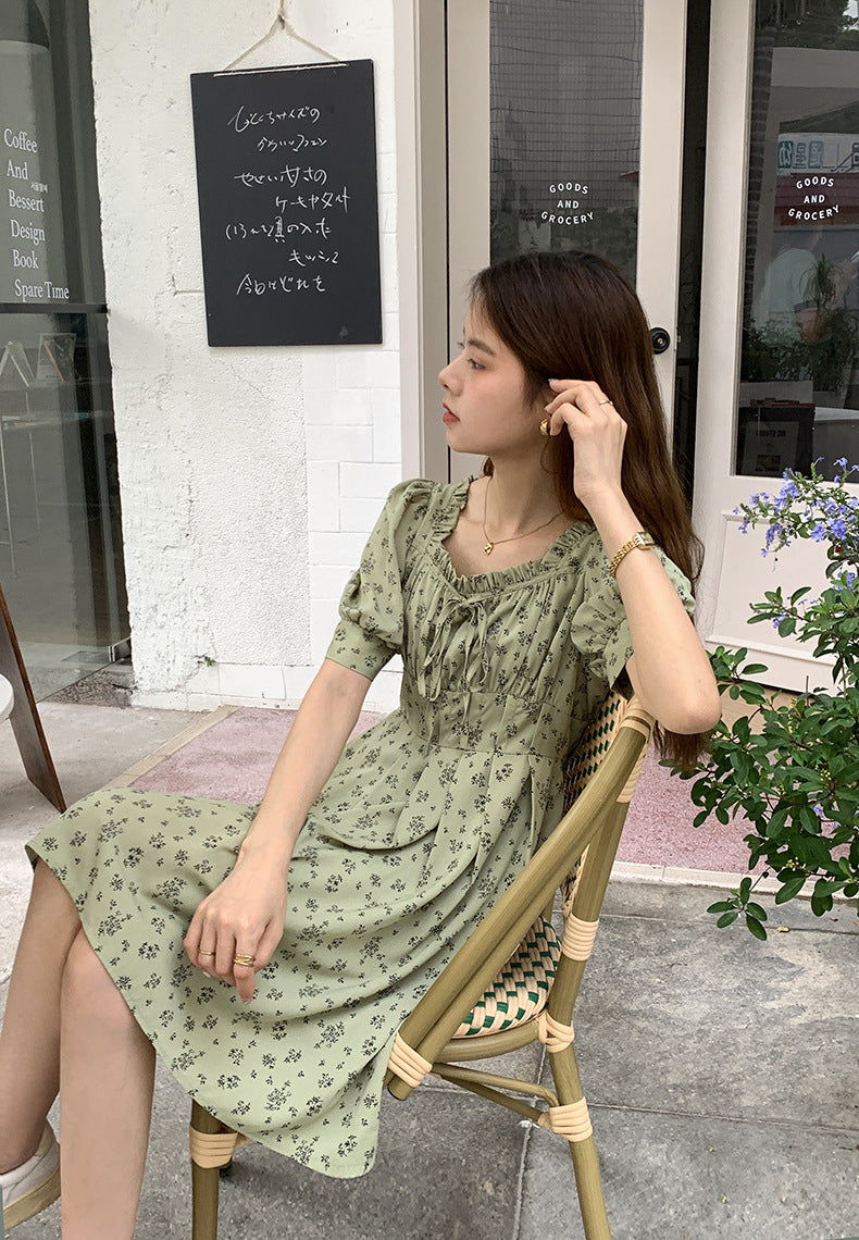 [Korean Style] Puff Sleeve Floral Pleated One Piece Mini Dress