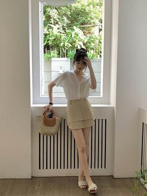 [Korean Style] Khaki High Waist Layered A-Line Short Skirt