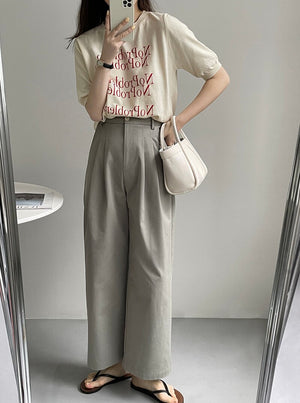 [Korean Style] Solid Color High Waist Pleated Cropped Pants
