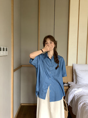 [Korean Style] Loose Fit Short Sleeve Denim Shirts