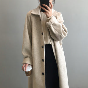 [Korean Style] High Quality Fully Lined Single Breasted A Line Belted Long Woolen Coat