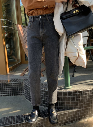 [Korean Style] High Waist Washed Cropped Straight Jeans
