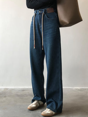 [Korean Style] Fleeced High Waist Drawstring Versatile Wide Leg Jeans