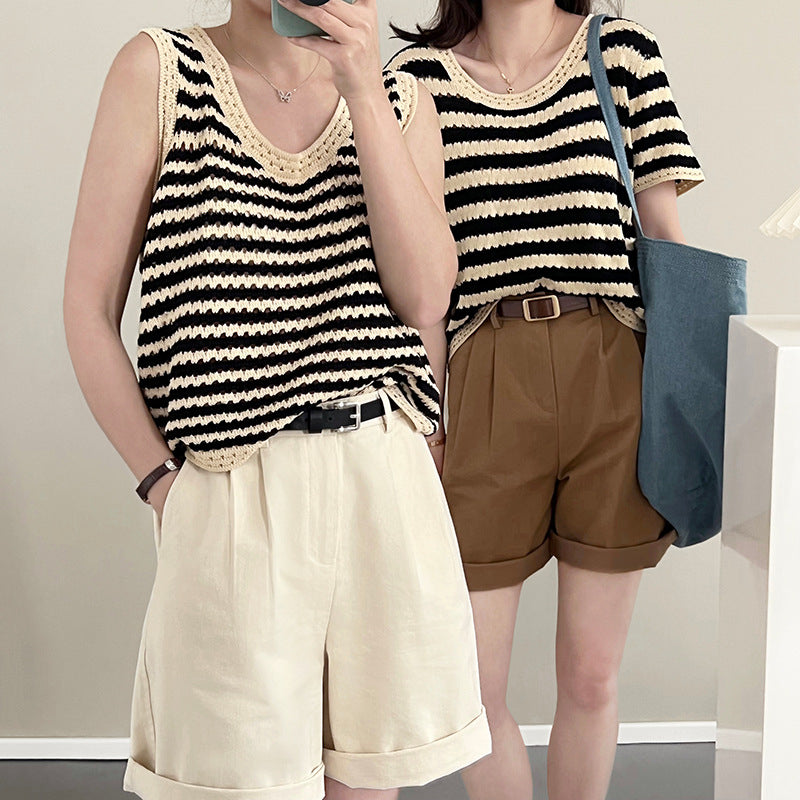 [Korean Style] Striped Crochet Short Sleeve Knit Top