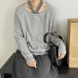 [Korean Style] Round Neck Double Breasted Cropped Cardigan Sweater