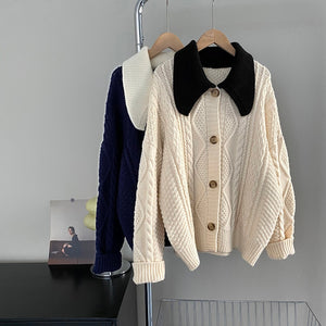 [Korean Style] Contrast Color Cable Knit Sweater Cardigan Jacket