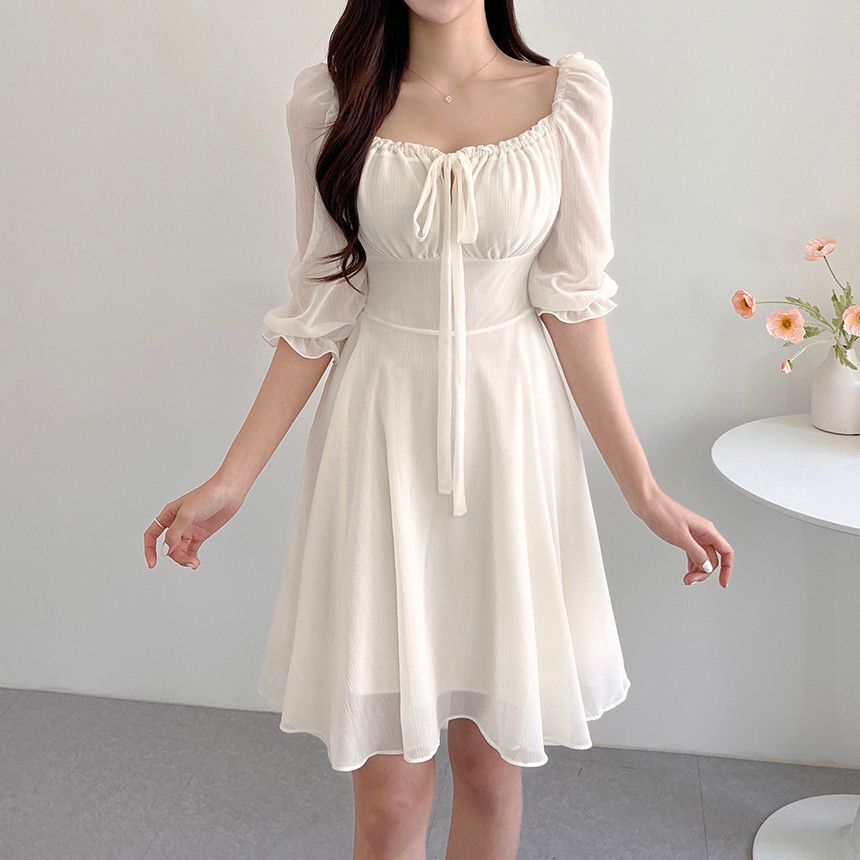 [Korean Style] Off-white Blue Flowy Chiffon Short Dress