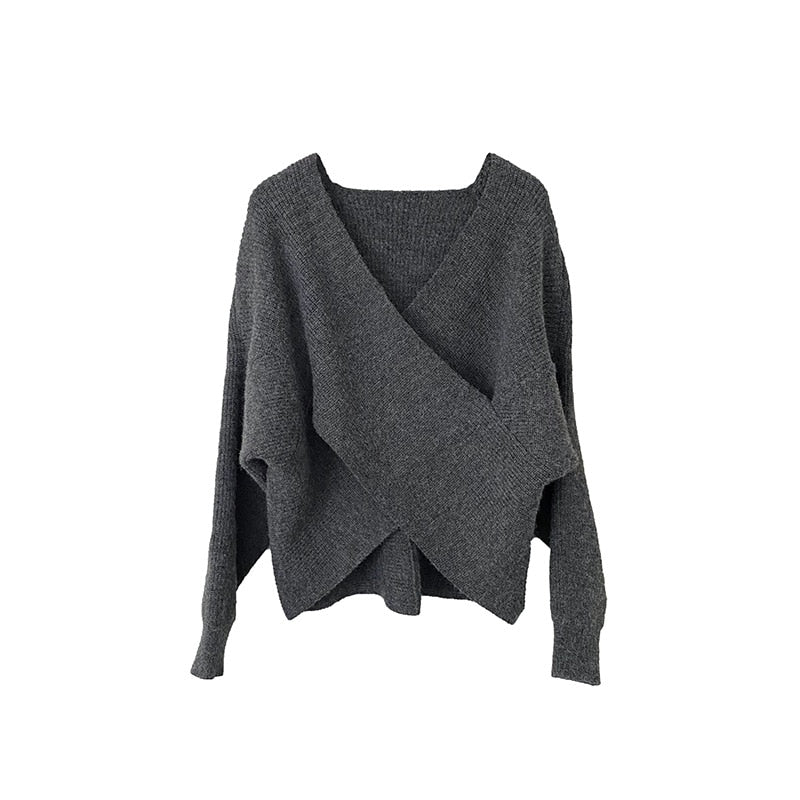 [Korean Style] V Neck Crisscross Sweater Knit Top