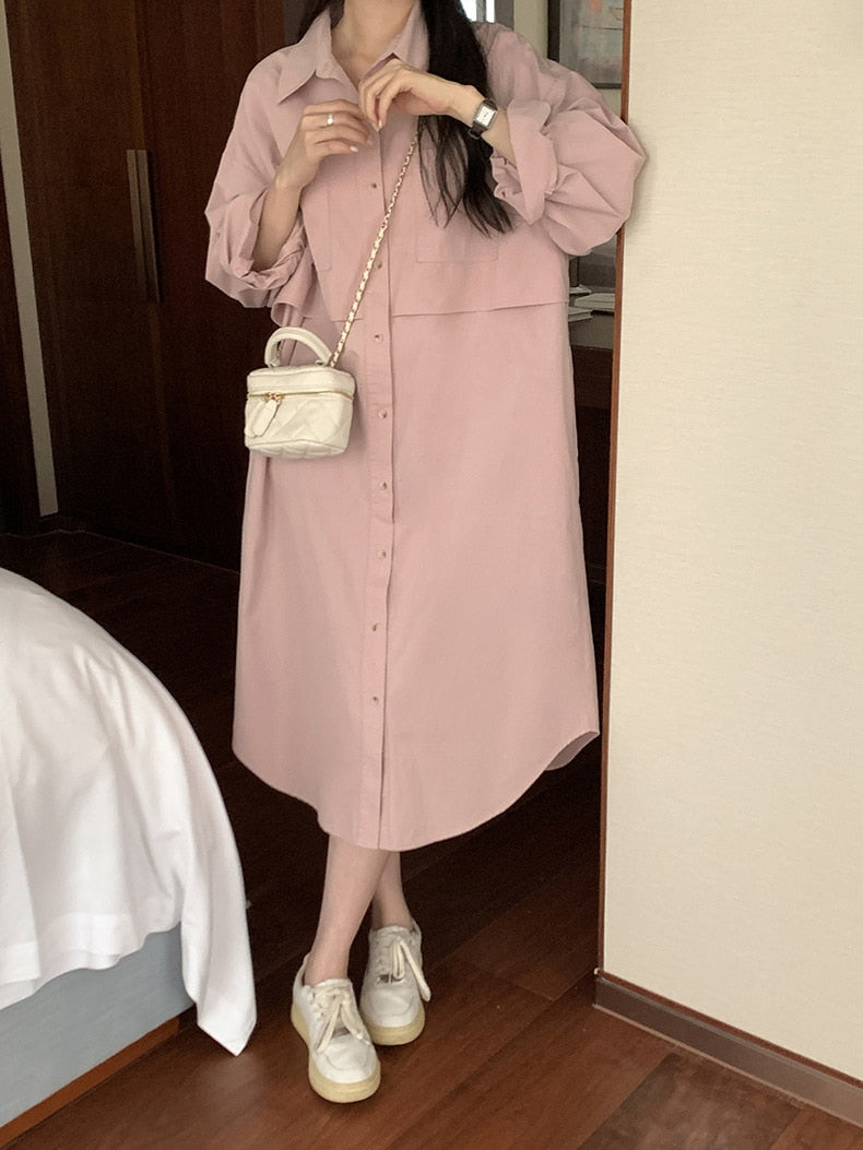 [Korean Style] Solid Color Pocket Midi Shirt Dress