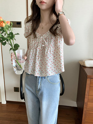 [Korean Style] Chic Floral Print Short Sleeve Button-down Blouse