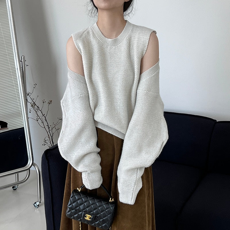 [Korean Style] Laidback Solid Color O-neck Sleeveless Knit Top w/ Long Sleeve Cardigan 2pc Set