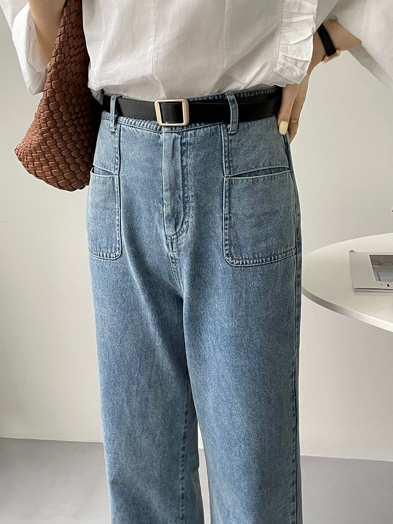 [Korean Style] Light Wash High Rise Pocket Wide Leg Jeans