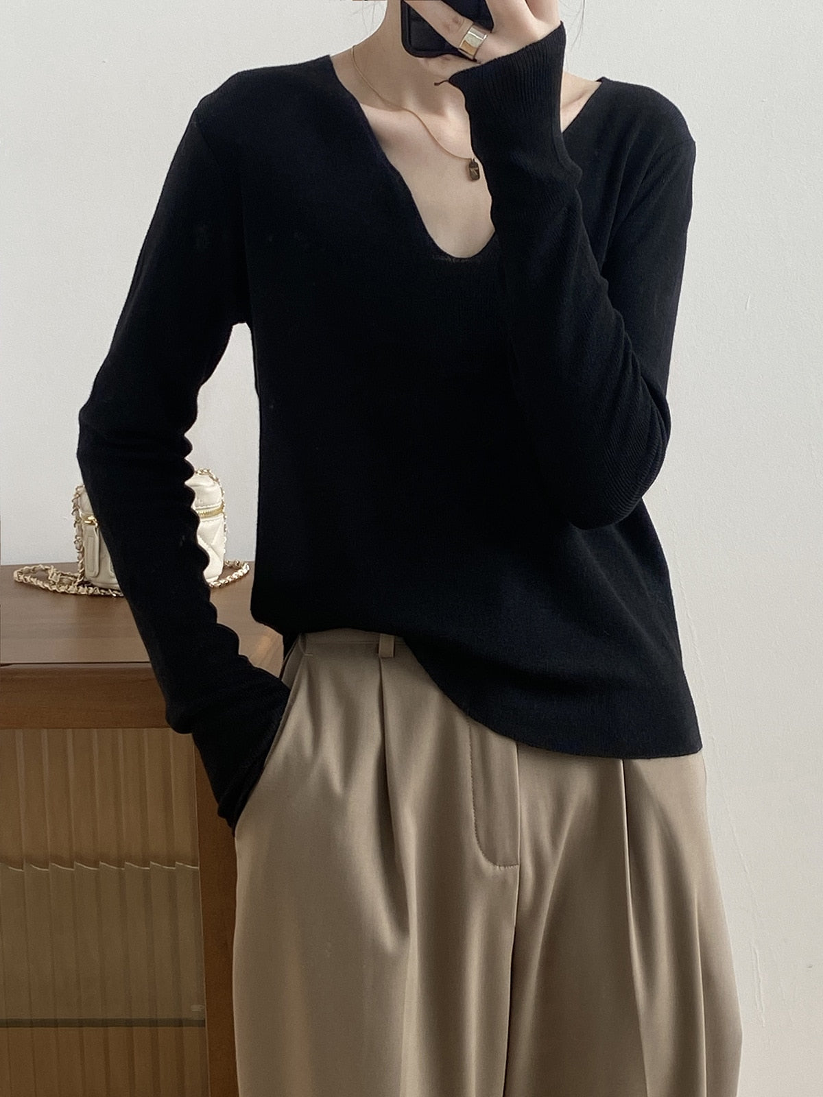 [Korean Style] Soft & Comfy Irregular Neckline Slim Fit Knit Top