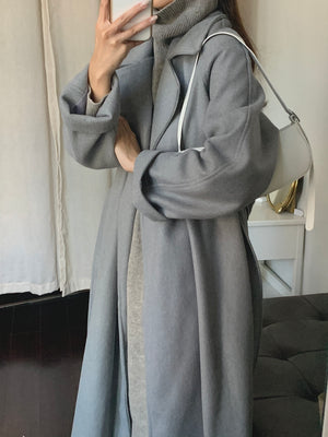 [Korean Style] Siantry Wool Blended Long Overcoat with Belt