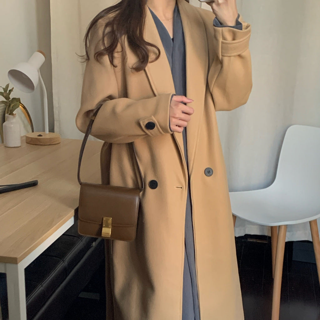 [Korean Style] Liana Double Breasted Long Wool Coat with Belt