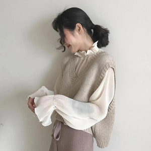 [Korean Style] 2 pieces Angie Knit Vest & See-through Blouse