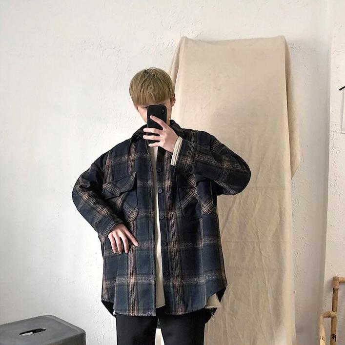 [Korean Style] Satin Retro Plaid Shirts