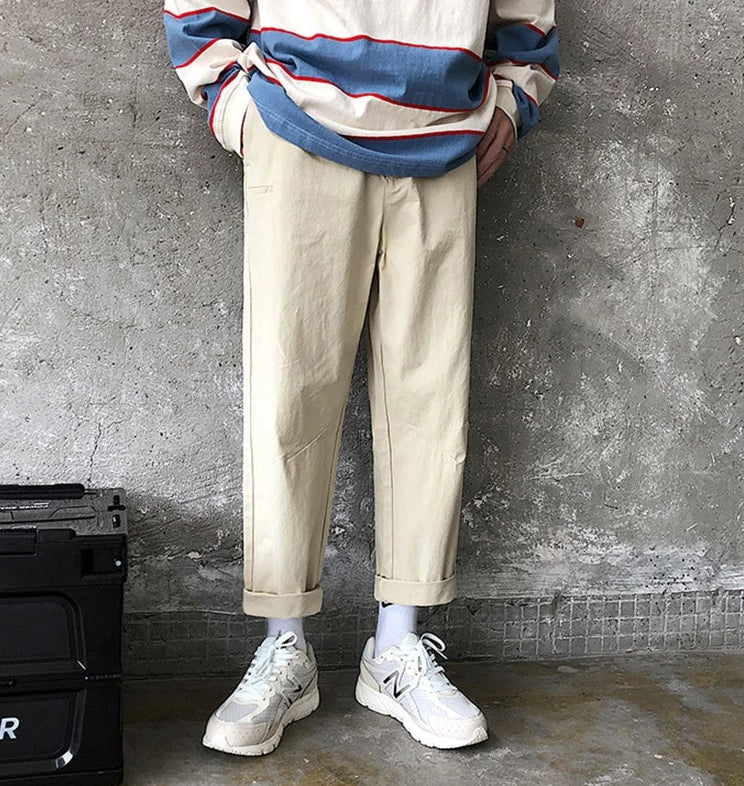 [Korean Style] Canvas Pleated Straight Pants Khaki/Beige