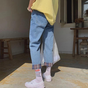 [Korean Style] Plaid Lining Washed Denim Jeans