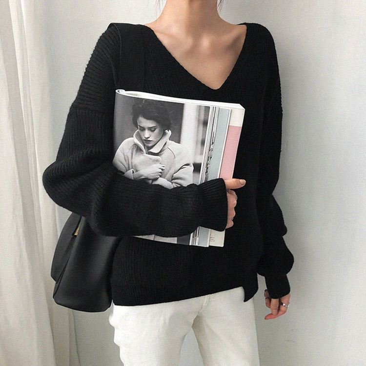 [Korean Style] Chester V neck Loose Fit Knit Top