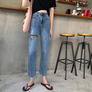 [Korean Style] Denmi High Waist Straight Ripped Jeans