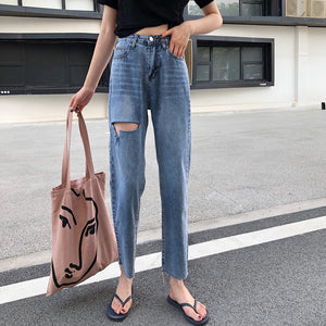 [Korean Style] Denmi High Waist Straight Ripped Jeans