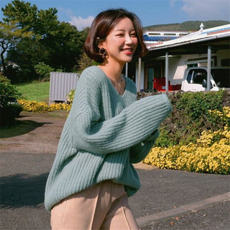 [Korean Style] Deela Solid Color V Neck Sweater