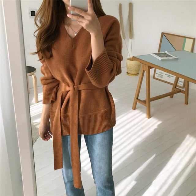 [Korean Style] Elie V-neck Belted Sweater