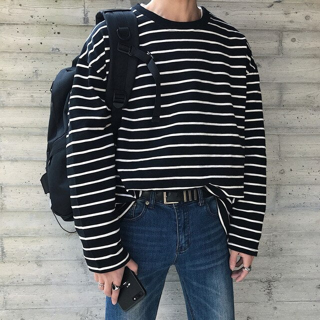 [Korean Style] Nass Striped Cotton Pullover T-shirts