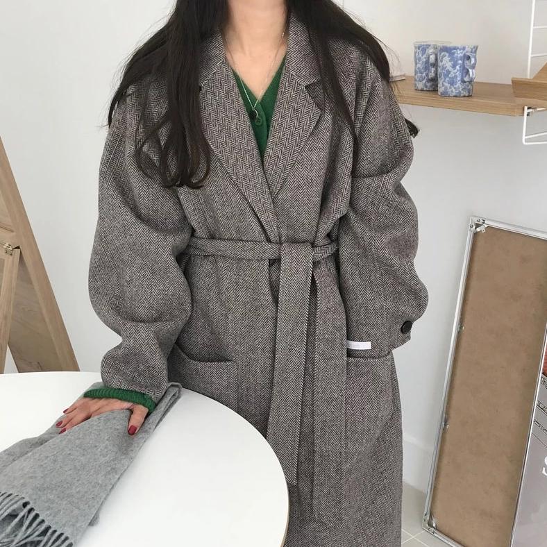 [Korean Style] Lela Turn Down Collar Belted Overcoat