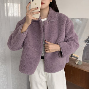[Korean Style] Lavender Fleece Cropped Jacket
