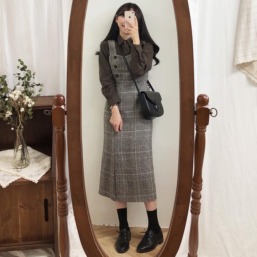 korean fashion overall dress AKANYA - Pleated Denim Mini A-Line Overall Dress